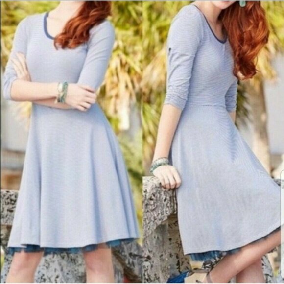 Matilda Jane Womens Between the Lines Blue Striped Dress Fit Flare size Medium - Picture 2 of 13